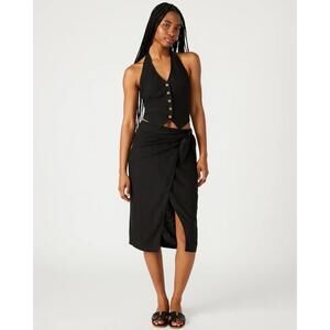 Steve Madden Isadora Linen Wrap Midi‎ Skirt Black XS NWT